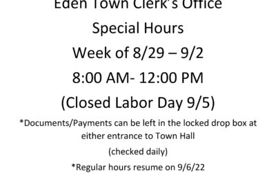 Town Clerk hours – week of August 29th