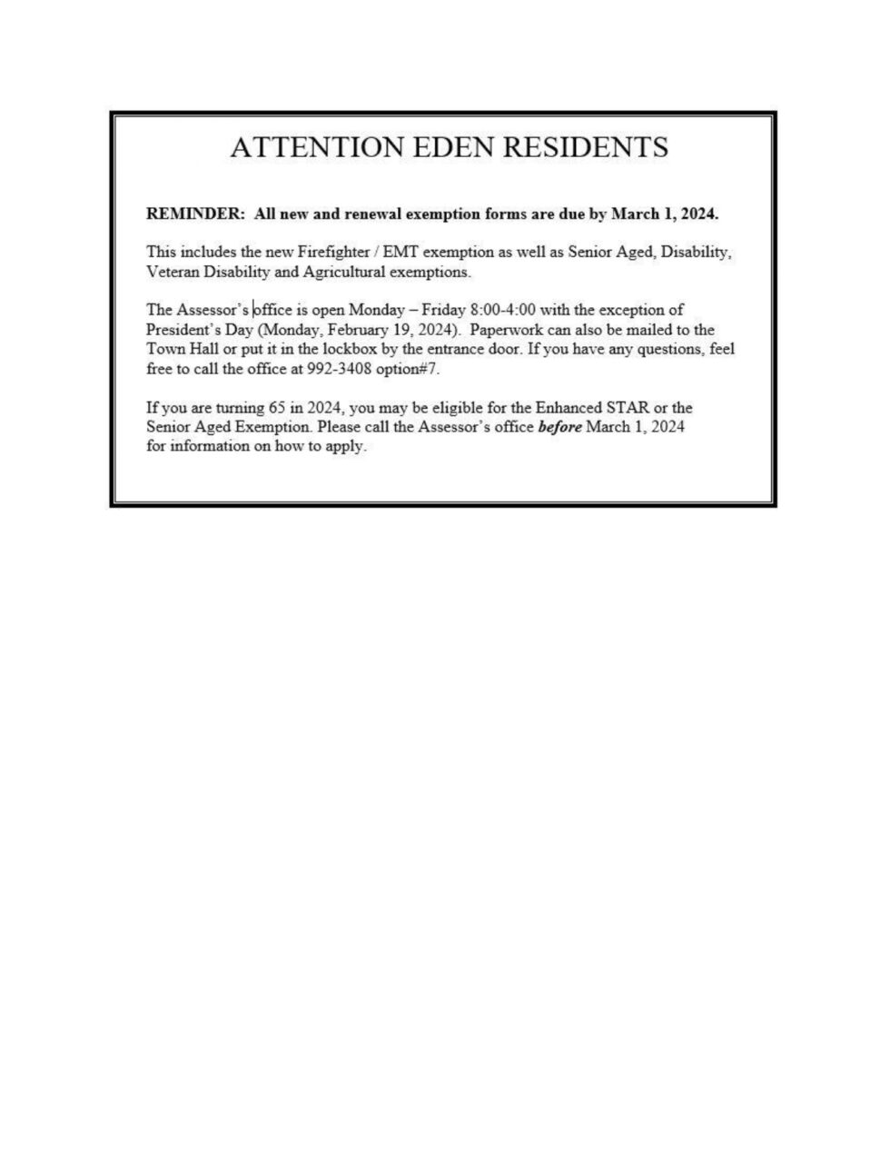 Exemptions are due March 1, 2024 Town of Eden, New York
