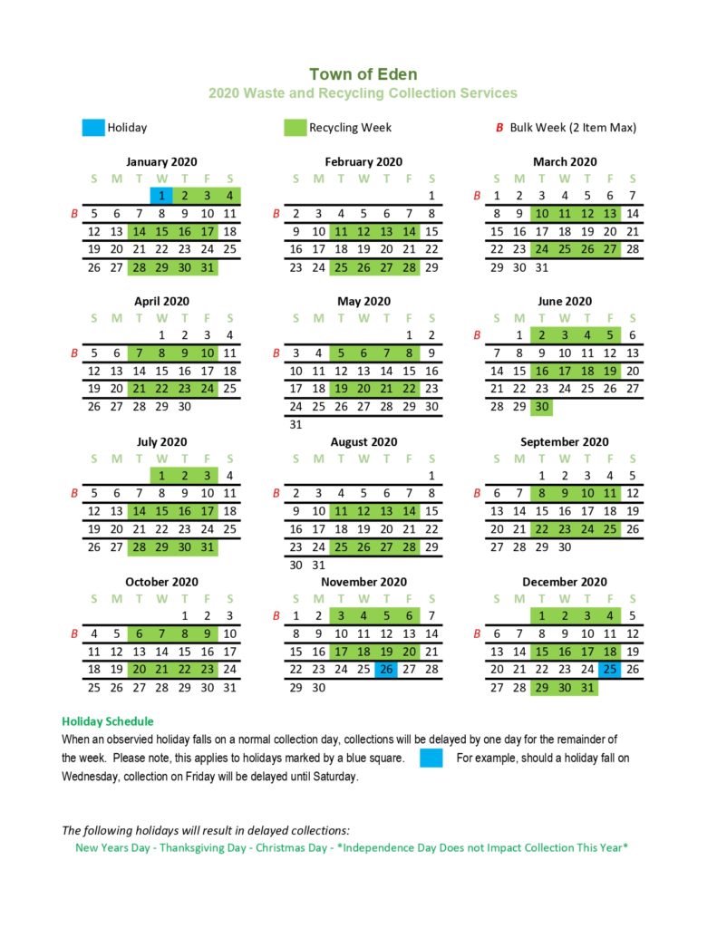 2020 Garbage Schedule Town of Eden, New York