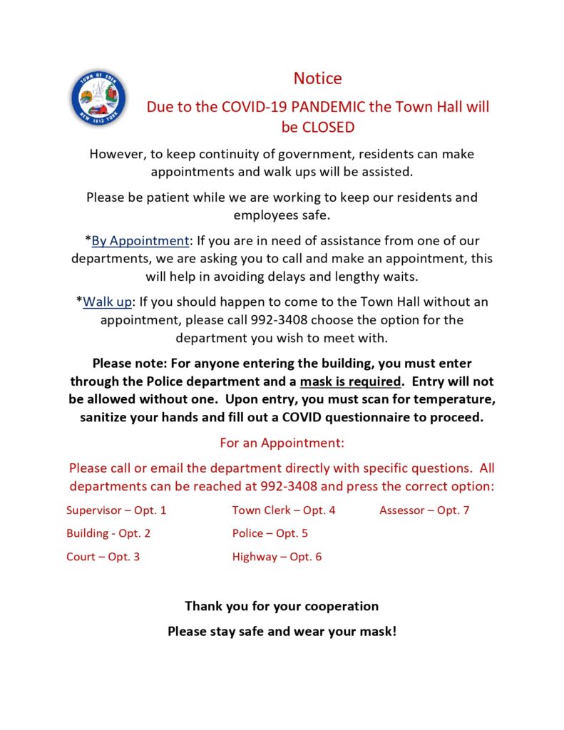 Town Hall is Open by Appointment Only Town of Eden, New York