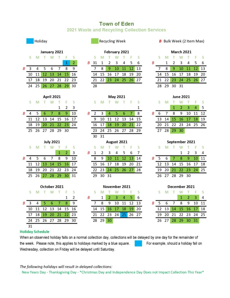 2021 Garbage/ Recycling Calendar | Town of Eden, New York