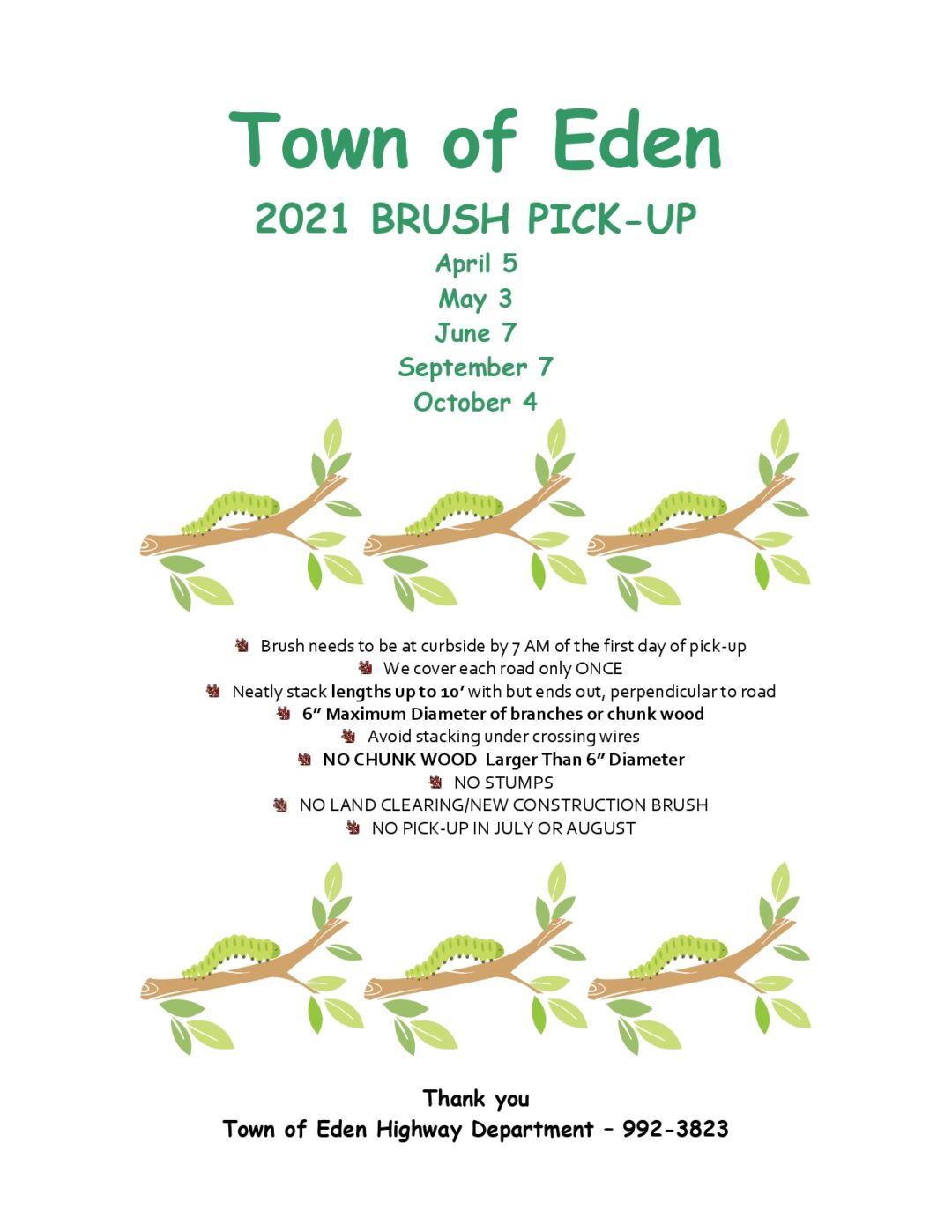 Week of Sept. 6th Brush Pickup and Bulk Garbage week Town of Eden